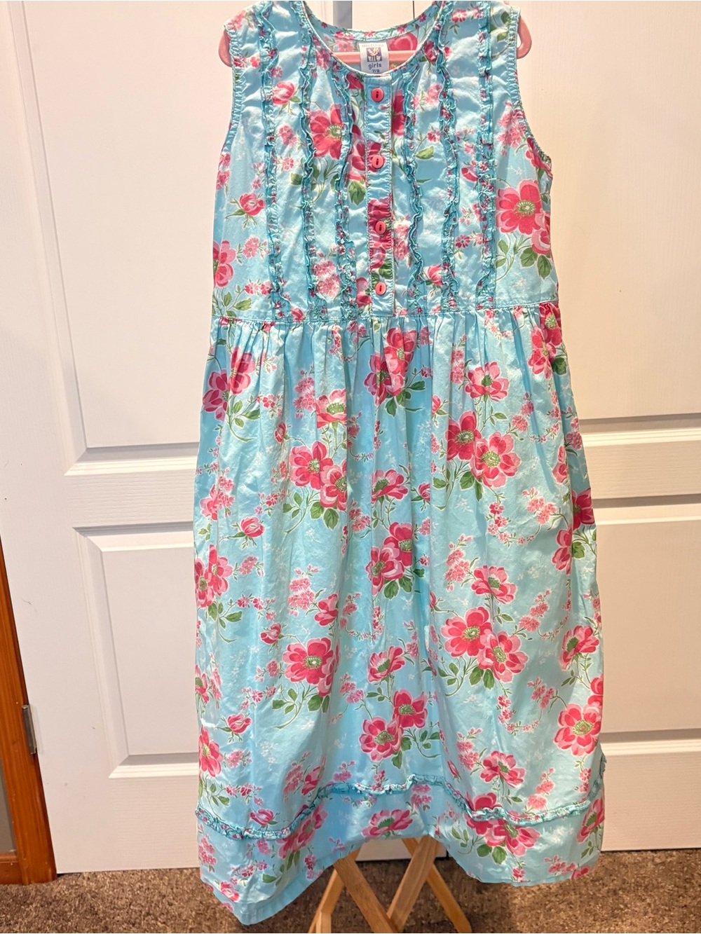 April Cornell Girls 7/8 Floral Dress Aqua Pink Cottagecore Button Front